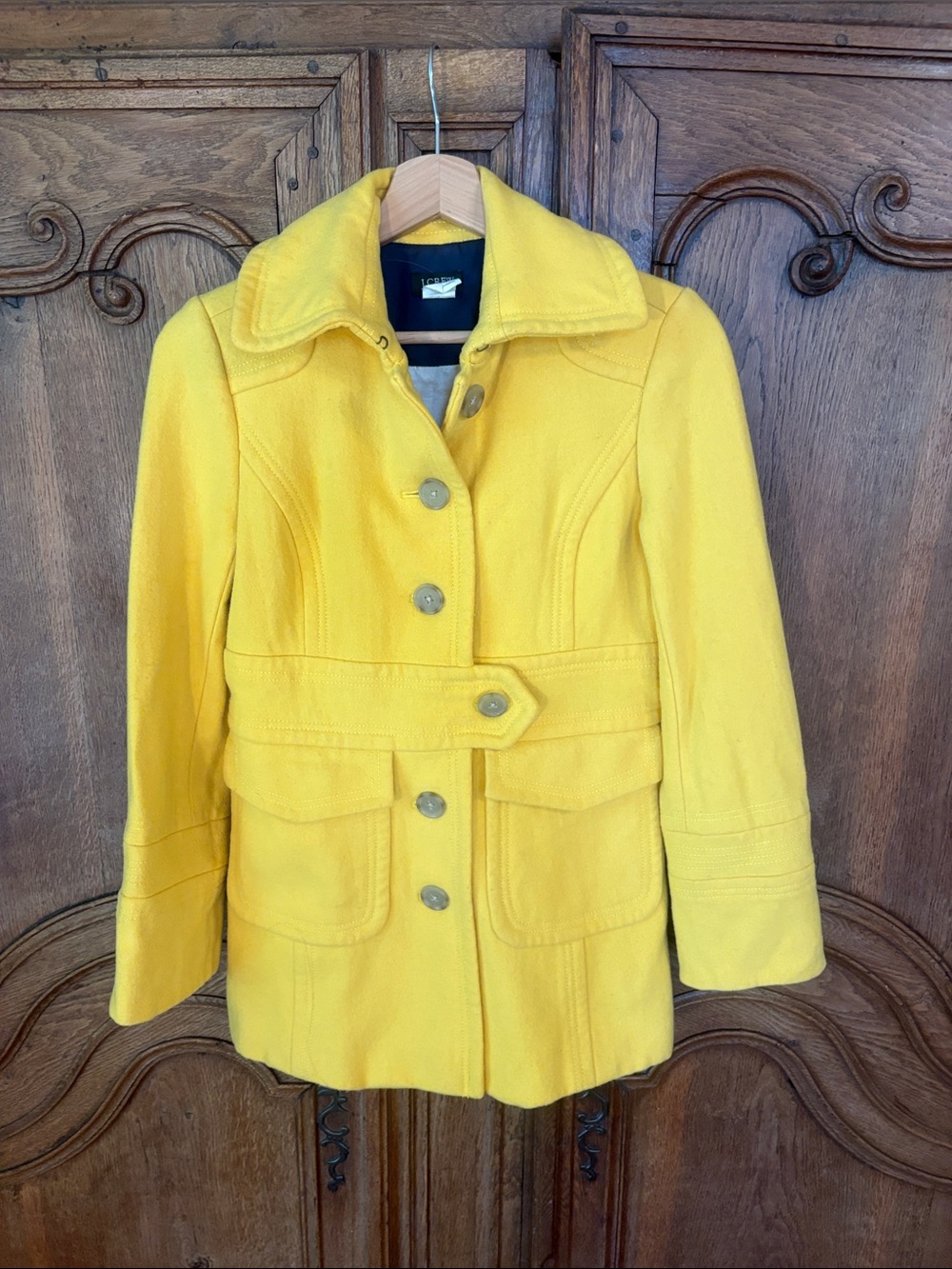 J Crew Stadium Cloth Majesty Bright Yellow Pea Coat Jacket Size 4 - Picture 4 of 13